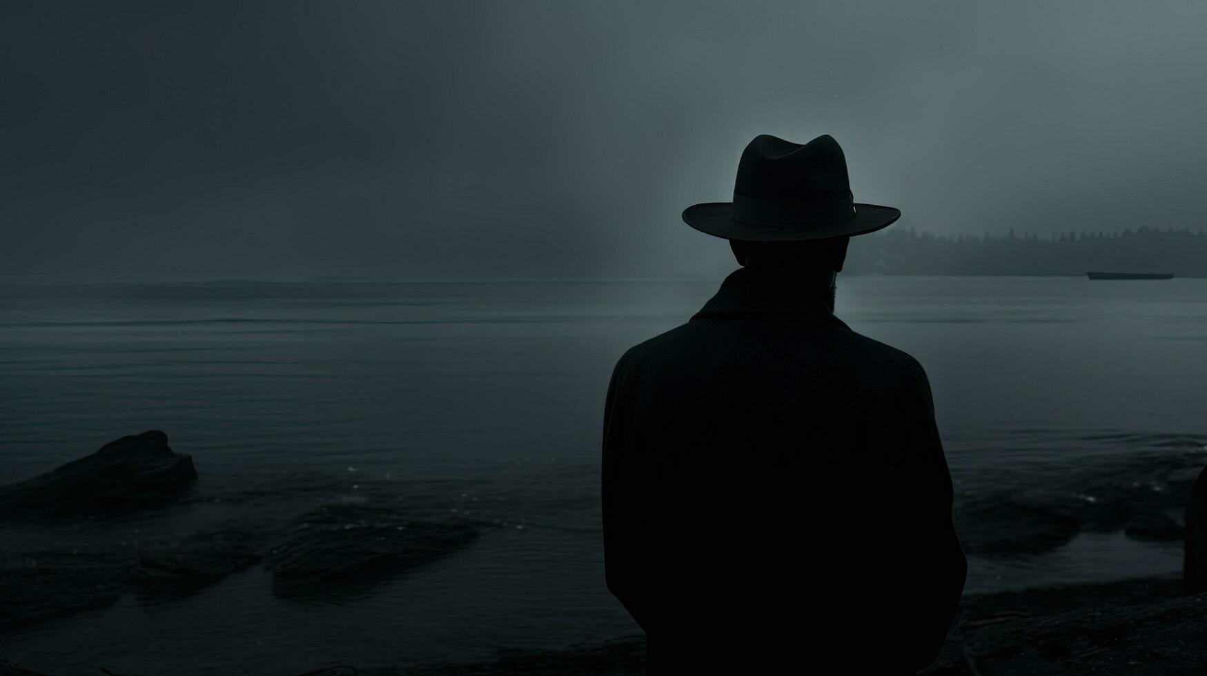 hombre en sombrero en el lluvia acecho niebla Acercarse desde el mar noir vibras. silueta concepto foto