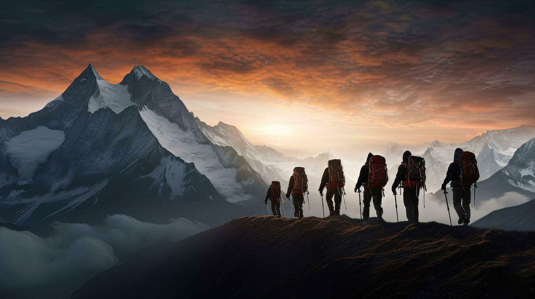 Group hiking in the Swiss Alps. silhouette concept photo