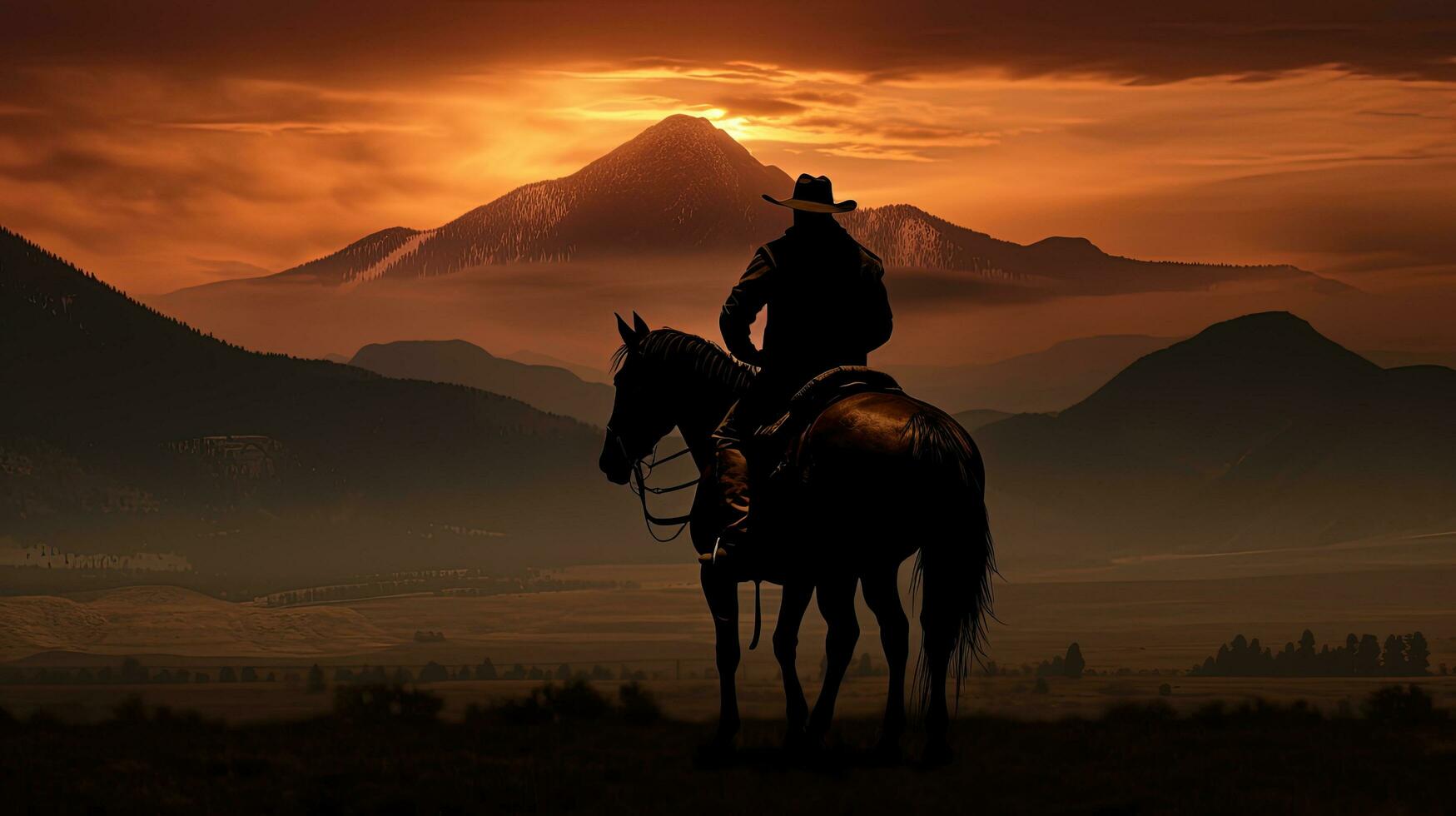vaquero en lado de caballo antes de el puente montañas en Montana a amanecer. silueta concepto foto