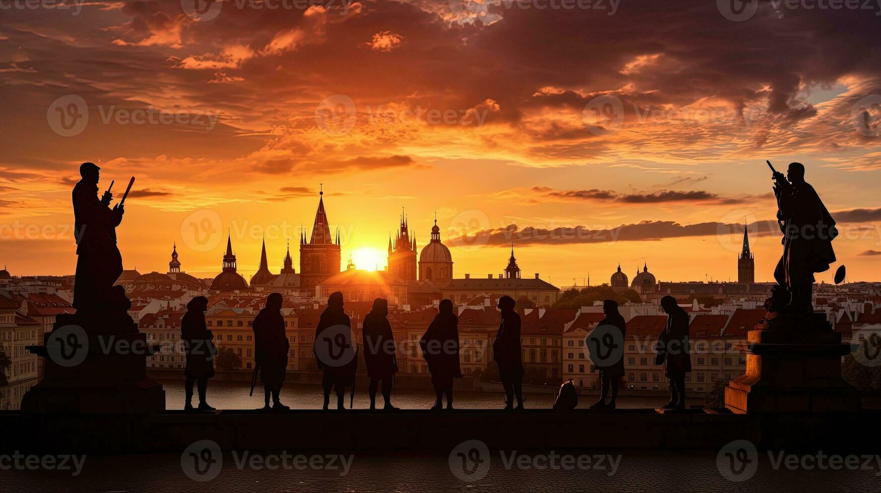 Silhouettes of statues and rooftops of cityscape at Charles Bridge in Prague Czech Republic illuminated by the sunset photo