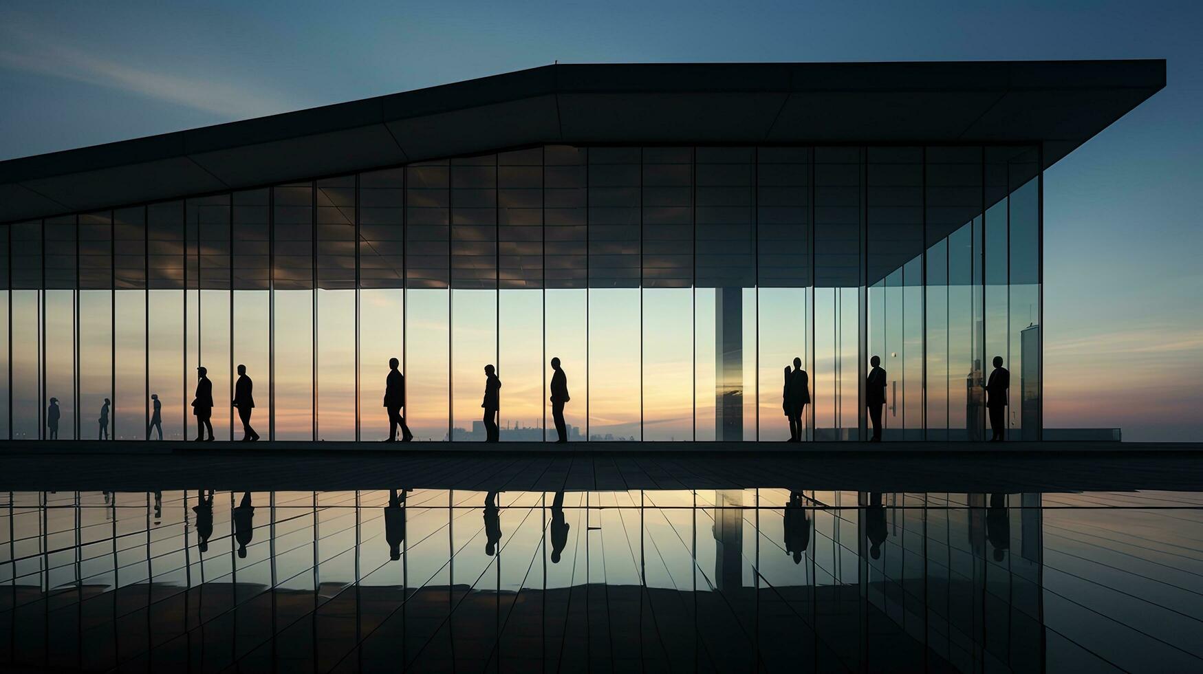 silhouetted individuals outside contemporary architecture photo