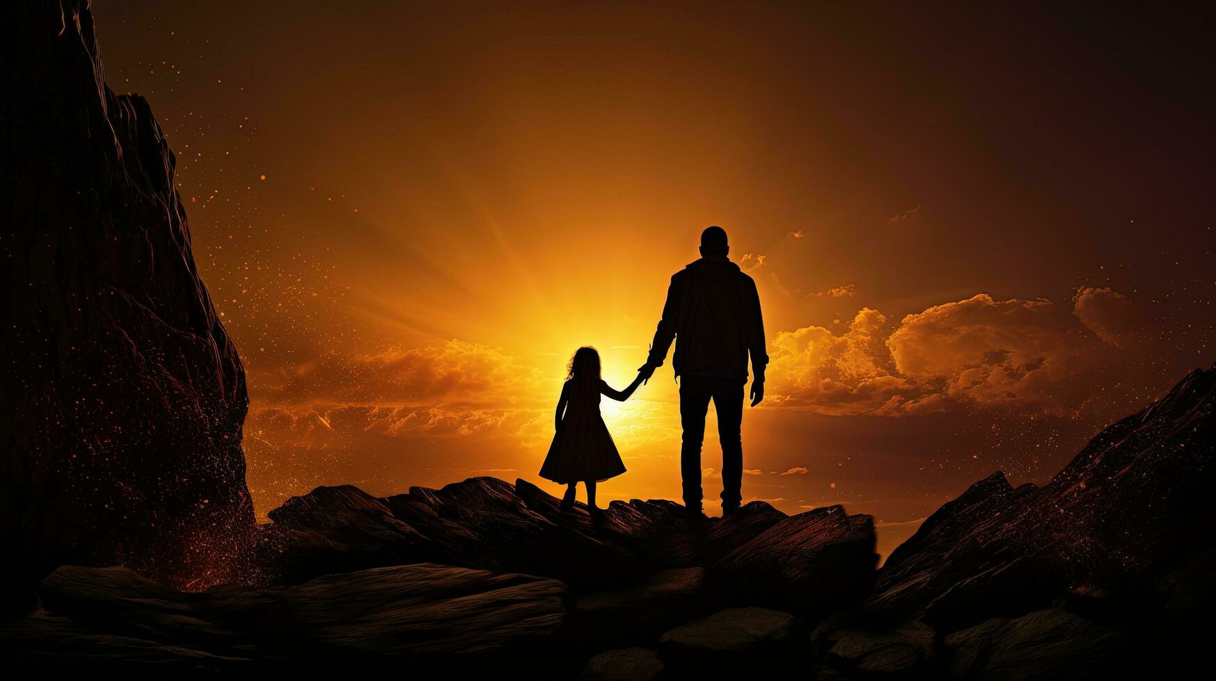 Father and young daughter shadows on boulder. silhouette concept photo