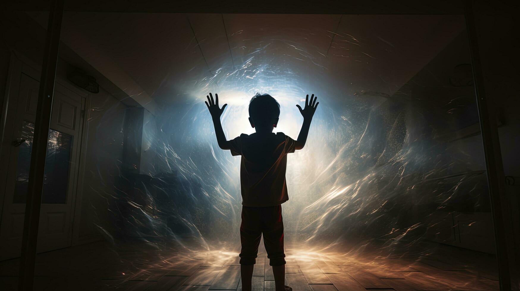 Fearful child hands extended behind glass symbolizing violence. silhouette concept photo