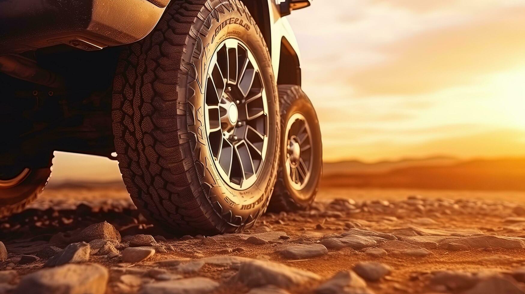 Off road trucks with tire protection stop on a gravel road with text space. silhouette concept photo