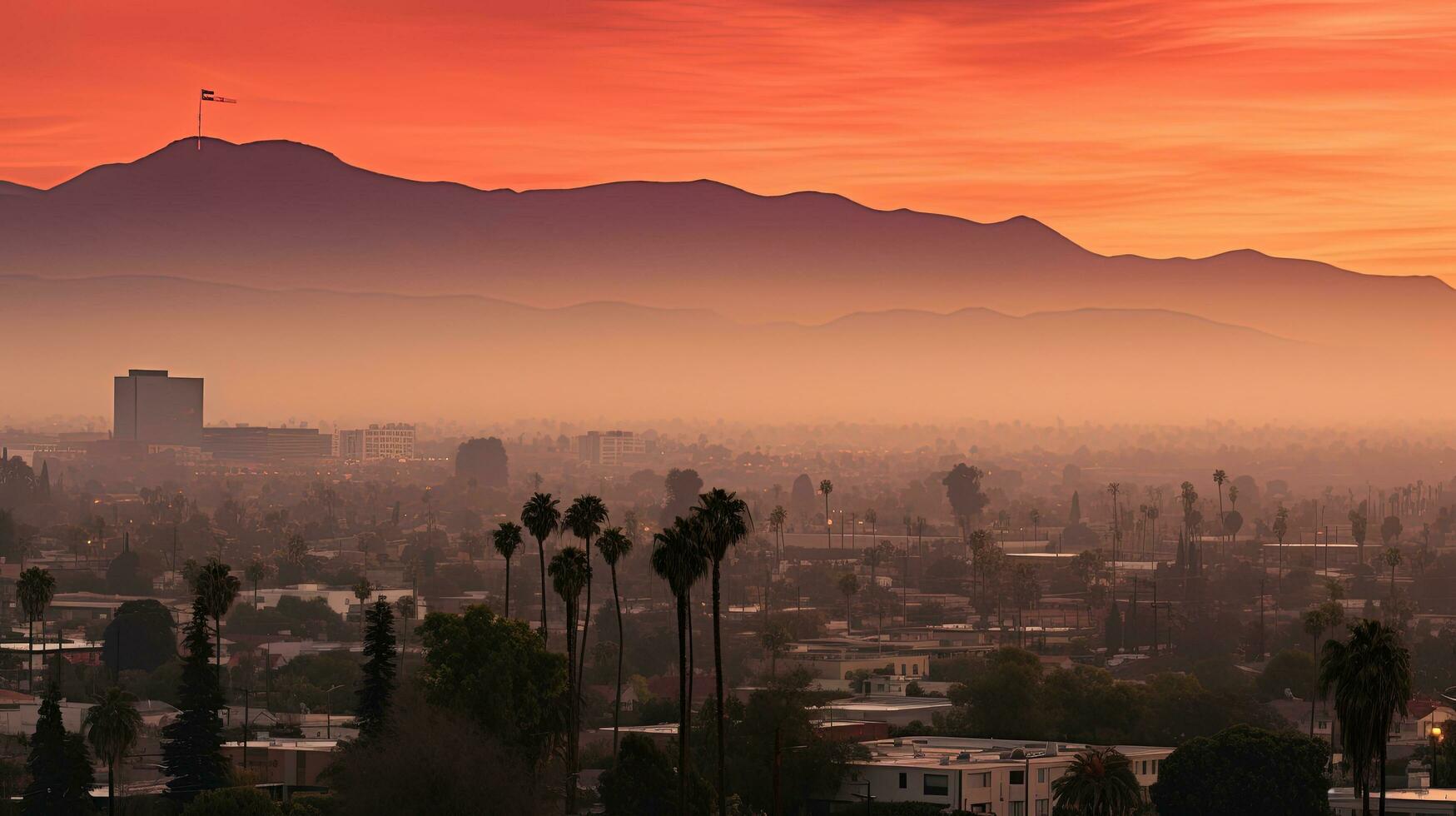 Sunrise over Pasadena California and San Gabriel Mountains with tree silhouettes and a red sky photo