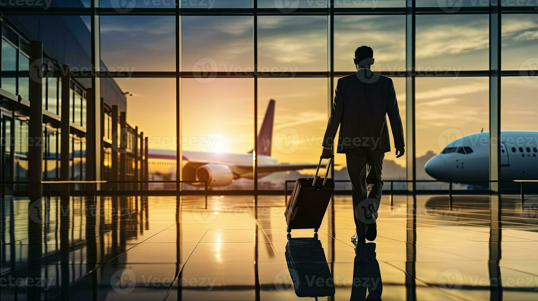 Businessman strolling at the airport. silhouette concept photo