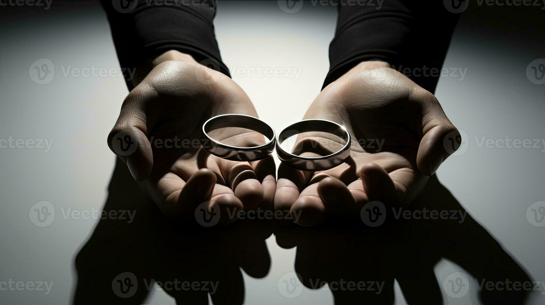 Creative concept of close up wedding rings held by a man with shadow and copy space. silhouette concept photo