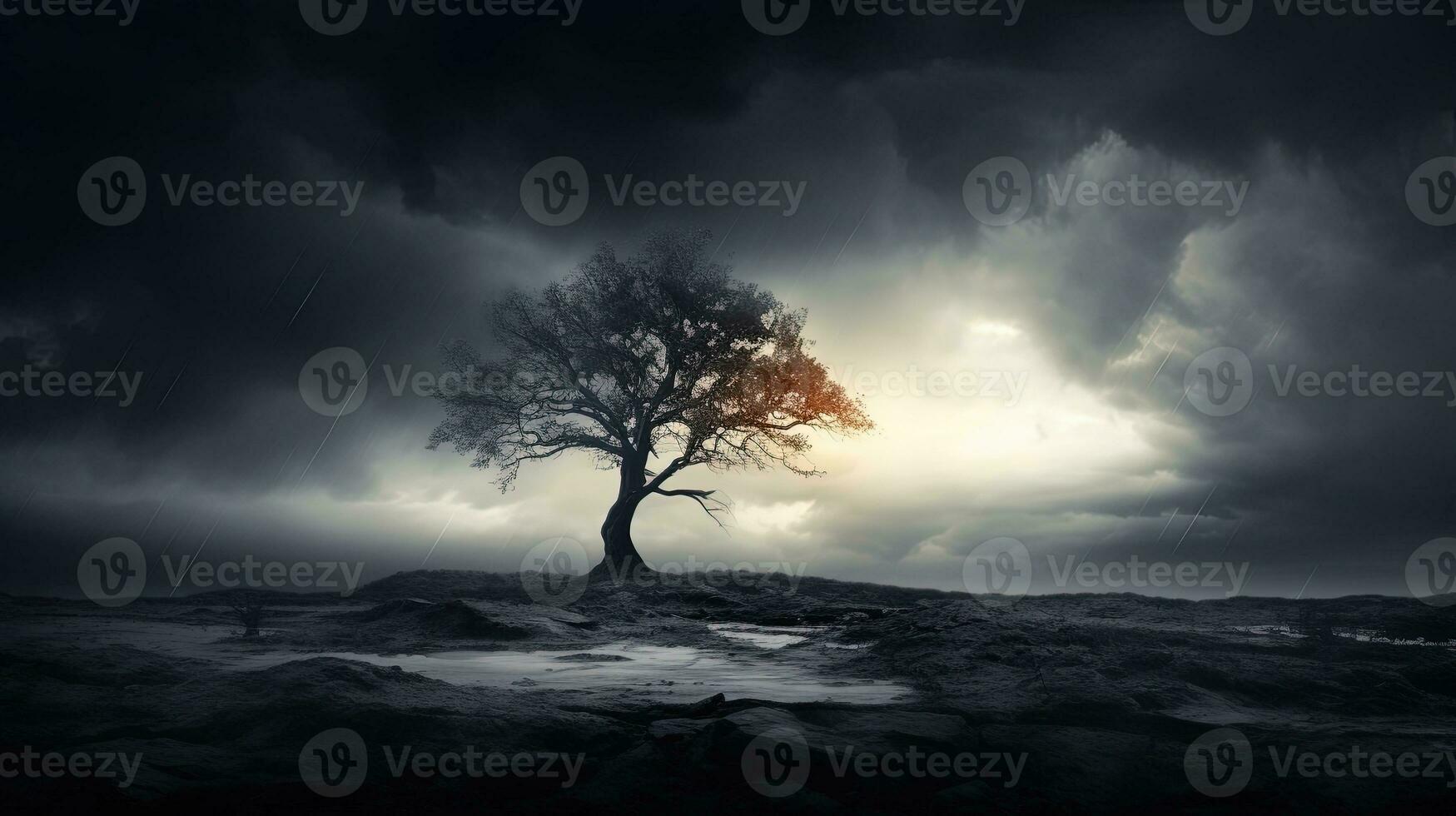 a solitary tree outline against a dark and turbulent sky. silhouette concept photo