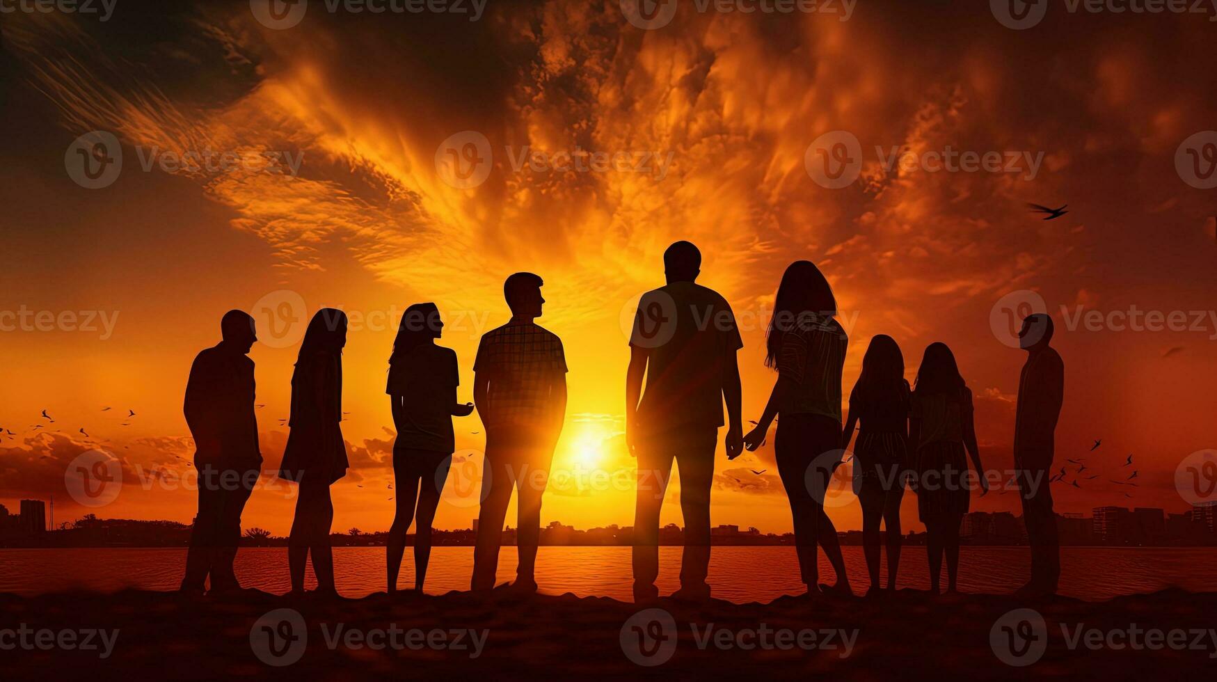 People s silhouettes against an orange sunset photo