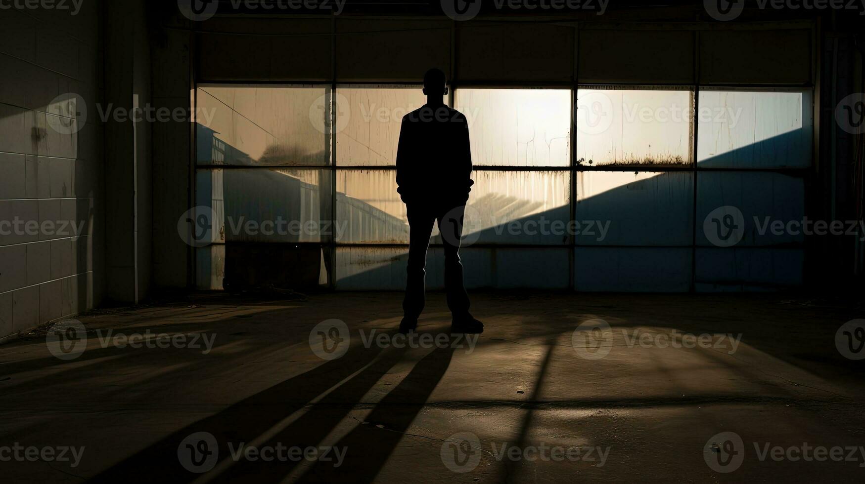 Person s shadow cast on the ground by a figure in front of a grimy window. silhouette concept photo