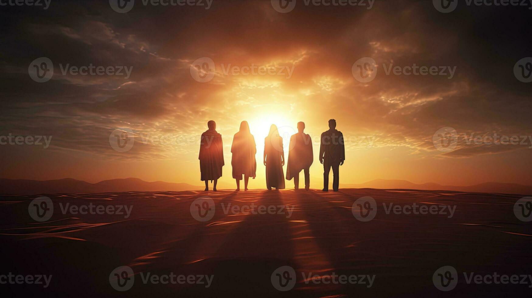 Friends stand on sand dune and admire sunrise. silhouette concept photo