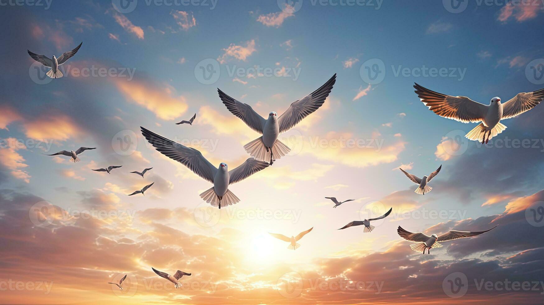 grupo de blanco aves volador en el aire. silueta concepto foto