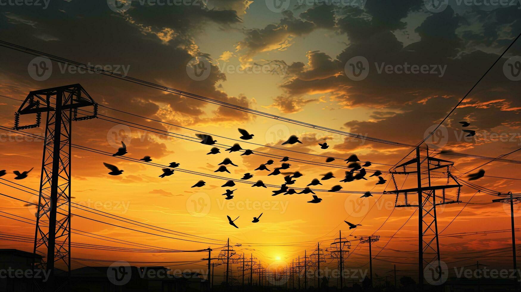 muchos aves en eléctrico poder línea. silueta concepto foto