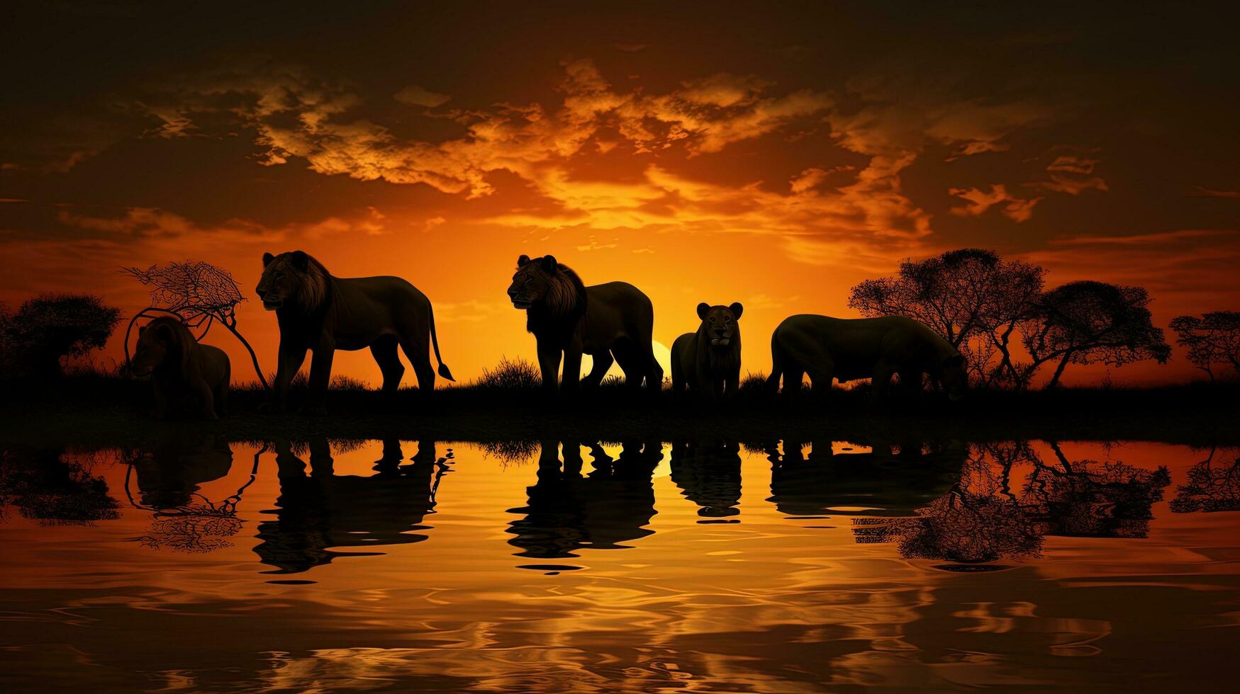 leones silueta reflejado en agua durante africano safari foto