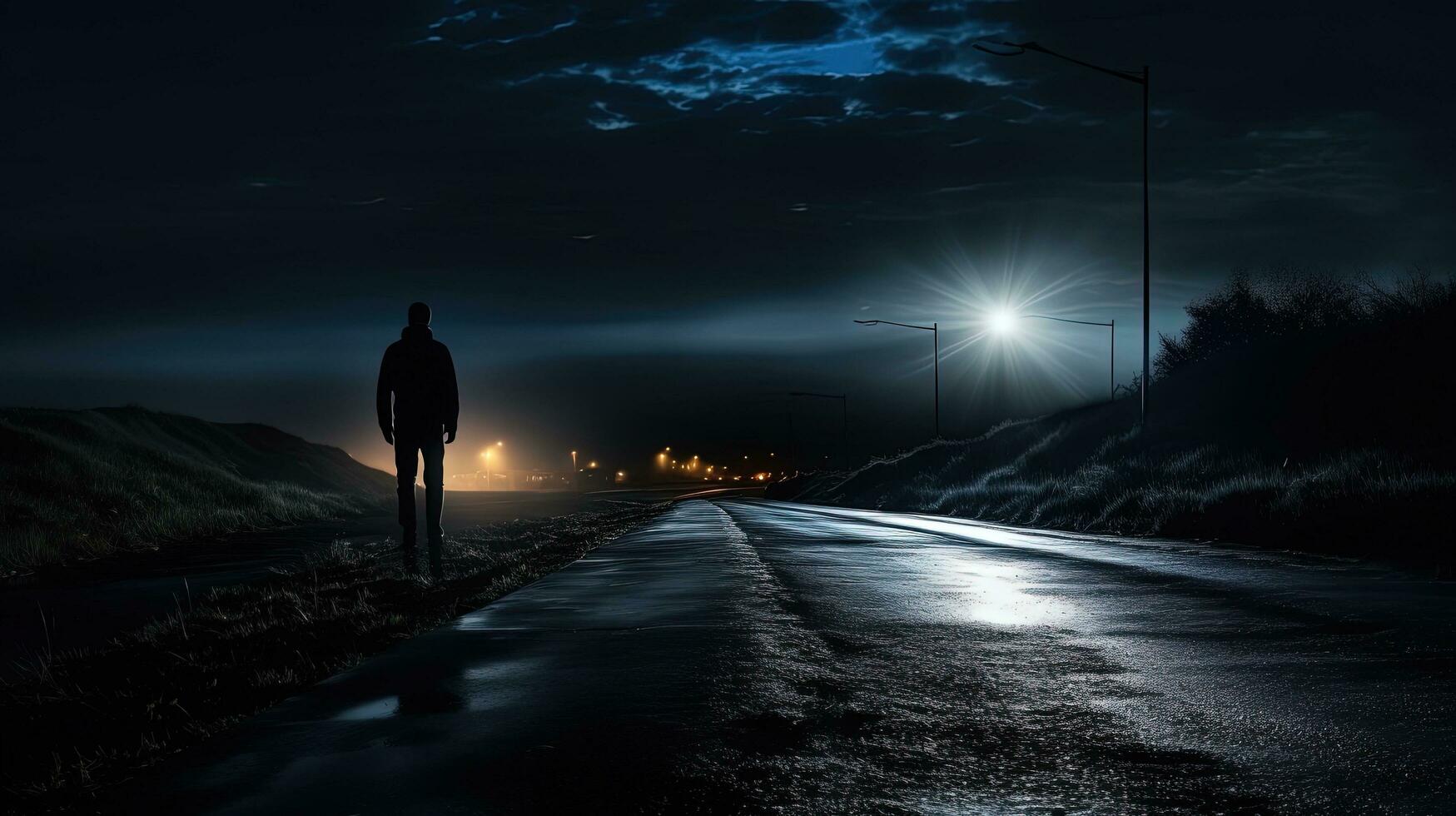 A man with a flashlight examines the road at night. silhouette concept photo