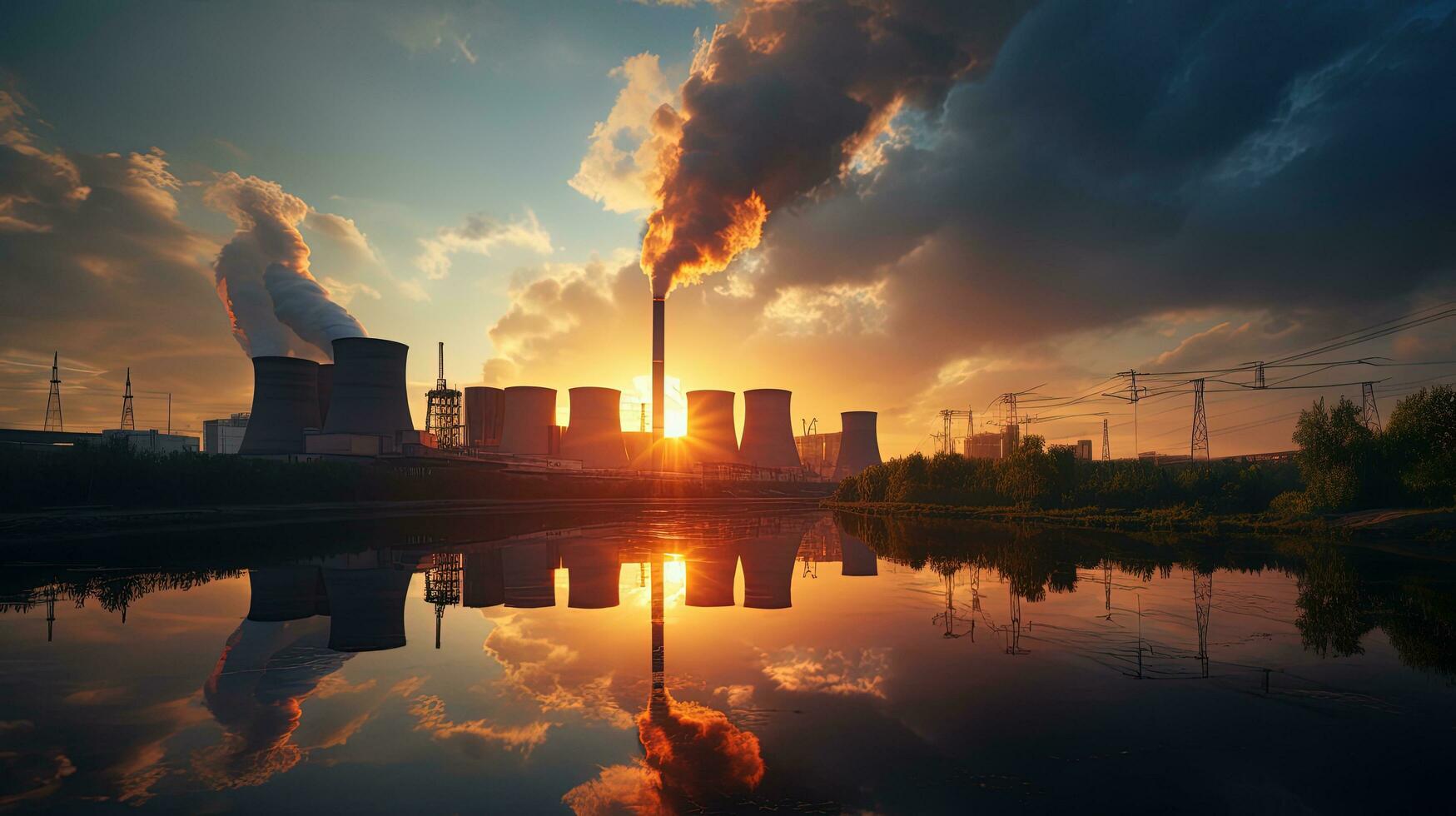 Sunset illuminates smoke from a thermal power plant highlighting ecological issues in Minsk Belarus. silhouette concept photo