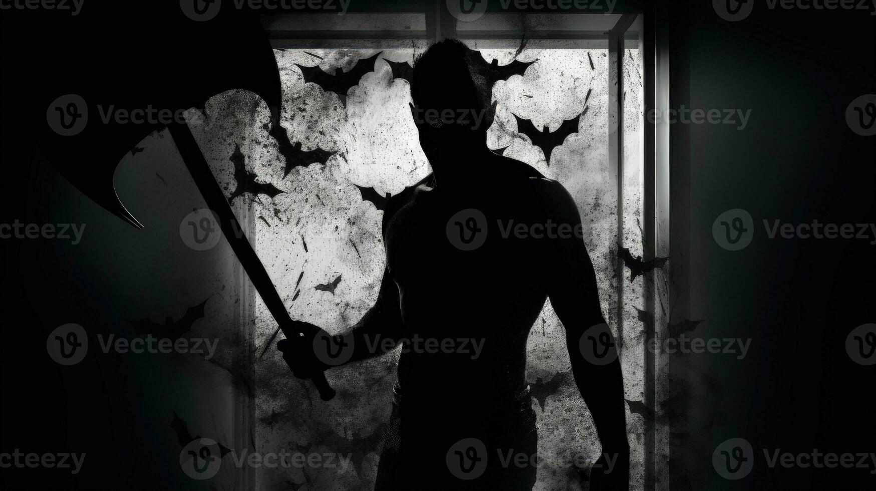 Halloween portrait shows bat wielding dangerous man behind frosted glass. silhouette concept photo