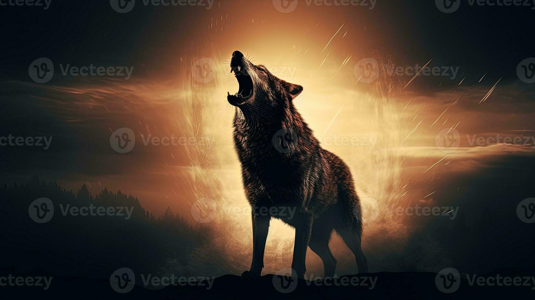 Silhouetted wolf howling at full moon in foggy background Halloween horror concept photo