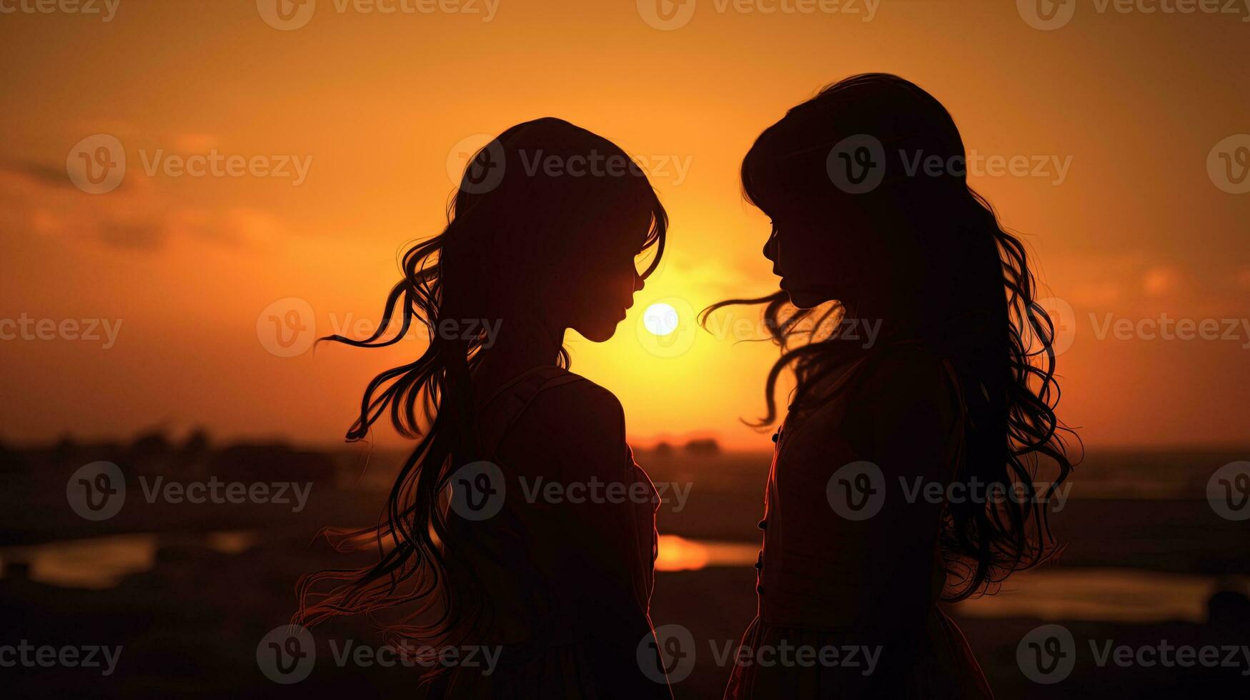 Two girls silhouettes during sunset photo