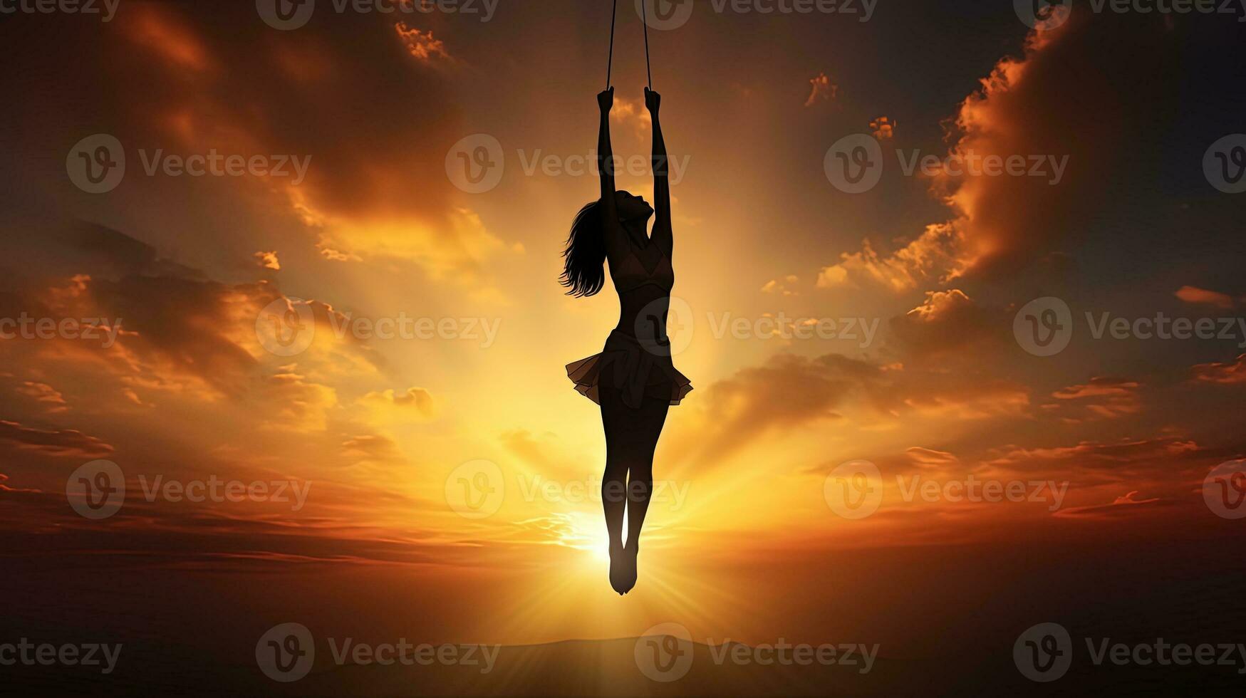 Girl gymnast flying on a rope in the sky against a sunset backdrop. silhouette concept photo