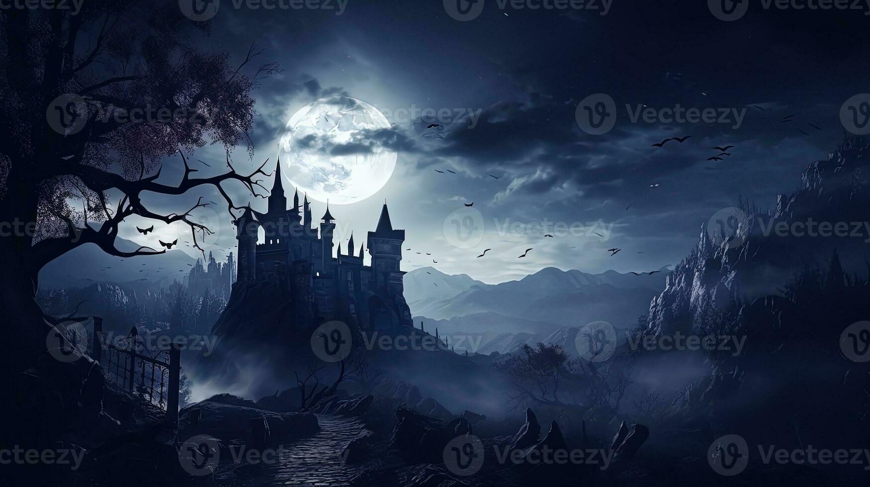 Ghost walking to haunted castle ruins under full moon creating a chilling Halloween scene. silhouette concept photo