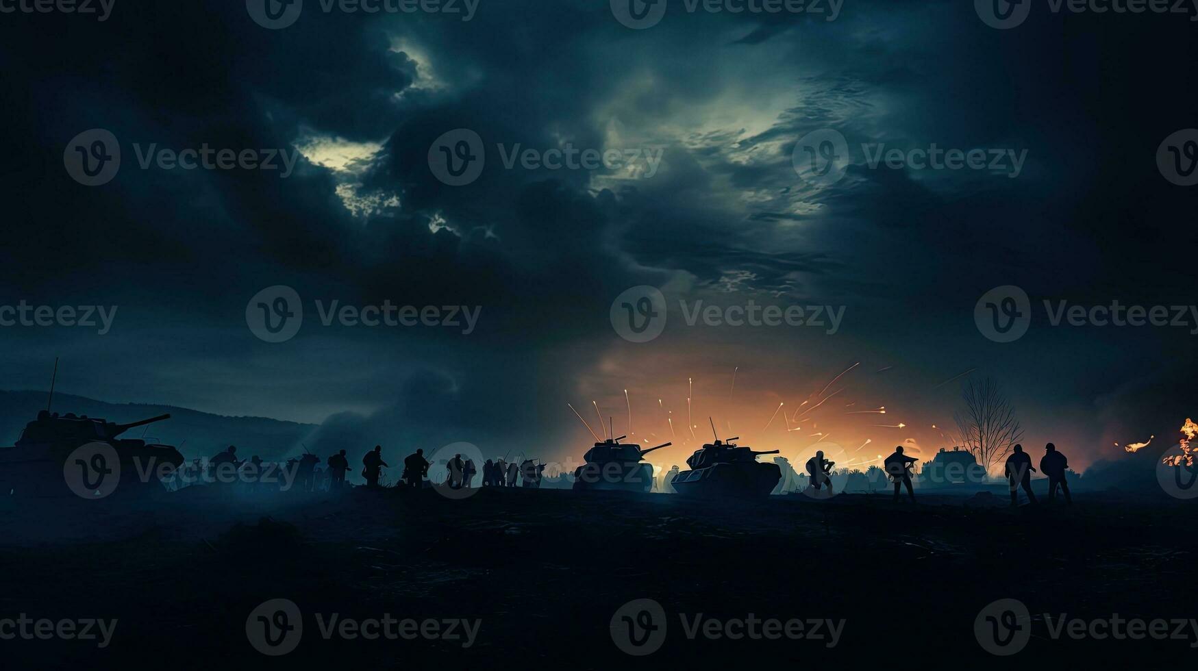 brumoso cielo batalla escena con alemán tanques y blindado vehículos silueta concepto foto