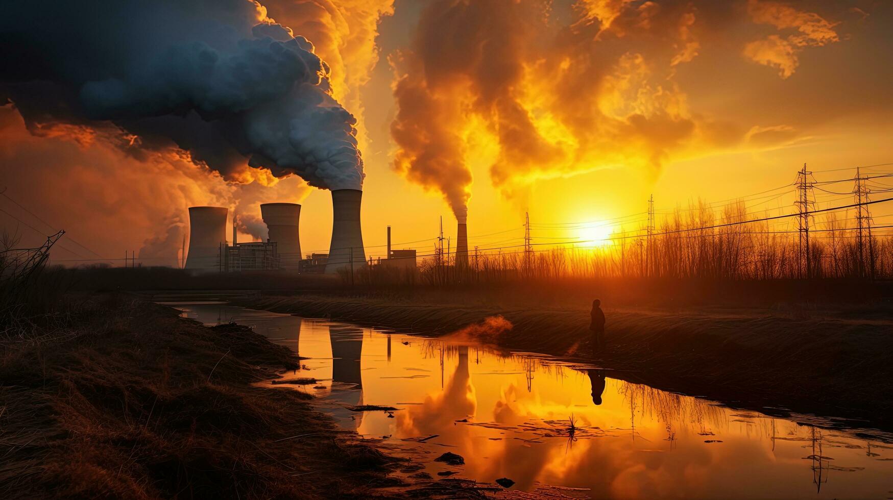 Sunset illuminates smoke from a thermal power plant highlighting ecological issues in Minsk Belarus. silhouette concept photo