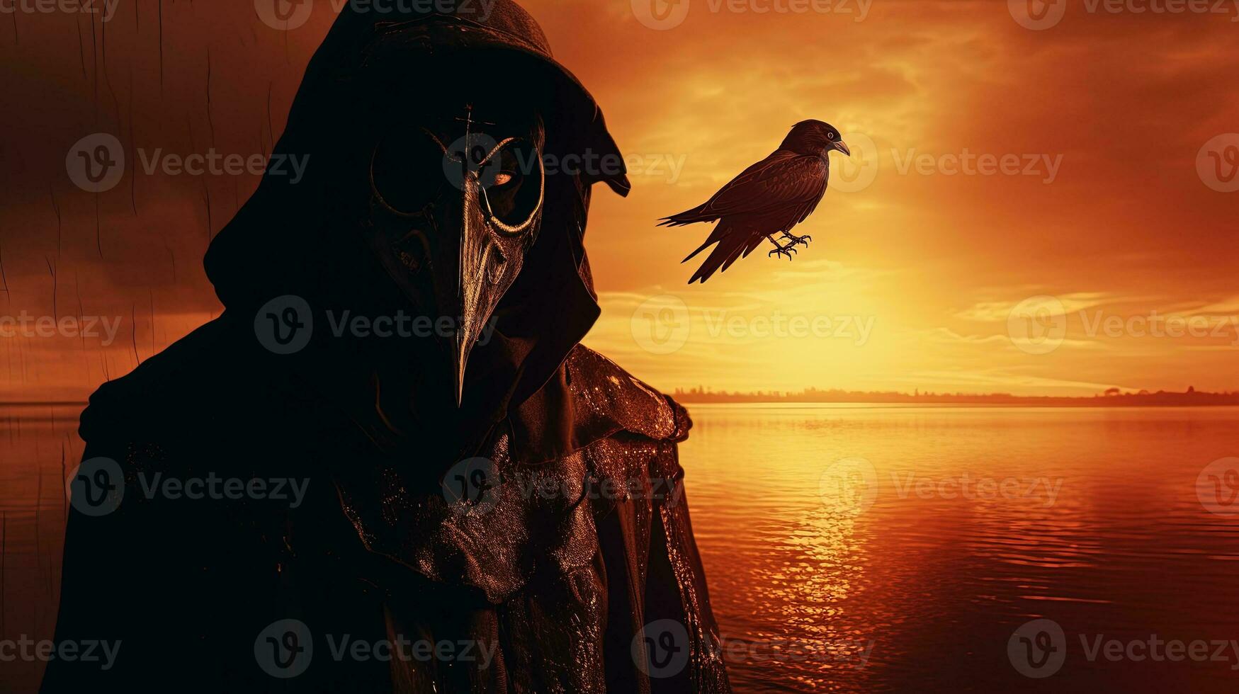 Grim masked silhouette amid a sunset s backdrop edited with avant garde grunge photo