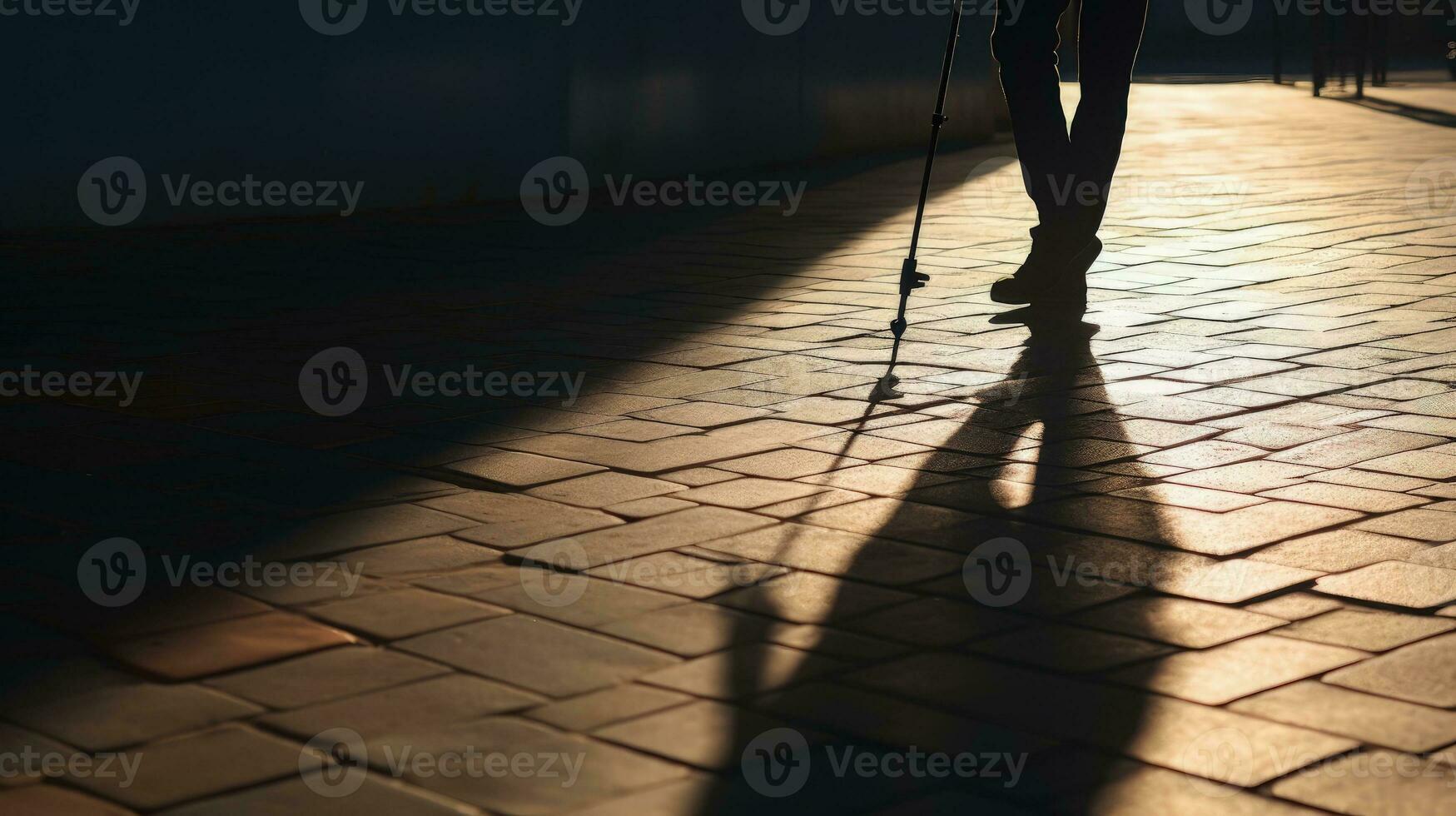 Limping person with cane shadow on ground Symbolizing disability old age blindness intense life. silhouette concept photo