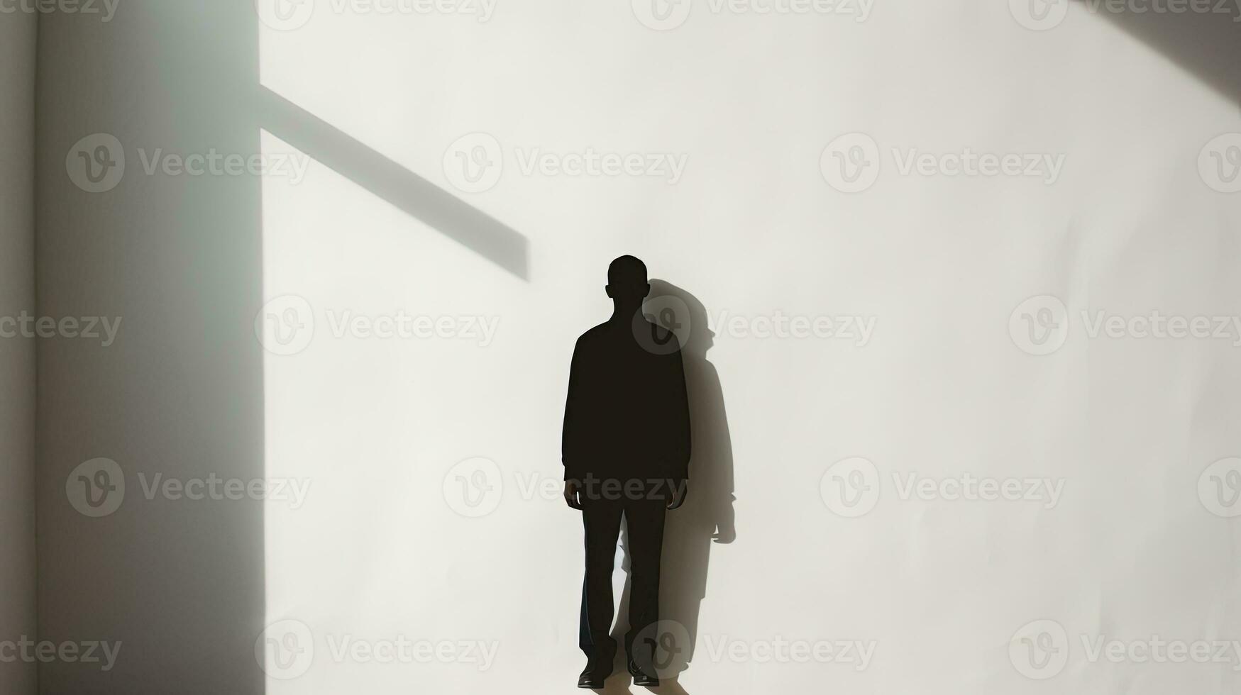 fotografía de hombre s sombra emitir por brillante habitación luz de sol en un blanco pared. silueta concepto foto