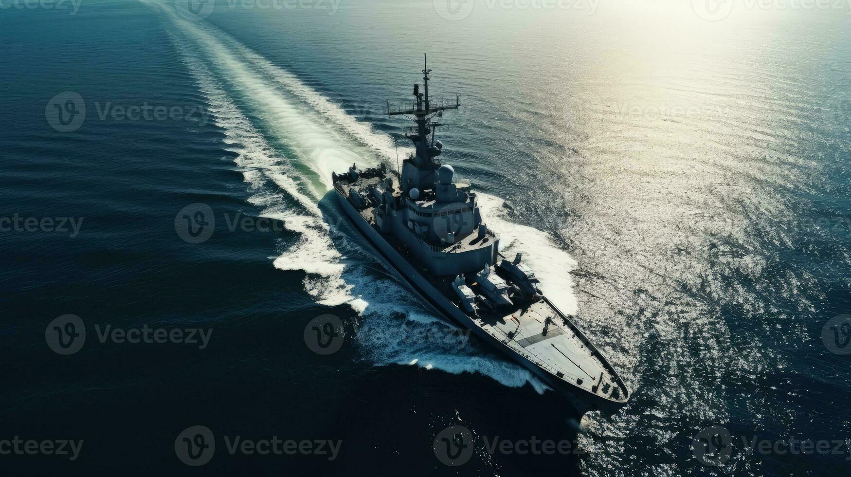 A bird s eye view of a warship at sea. silhouette concept photo