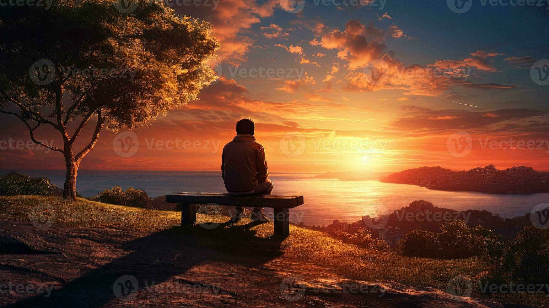 A bench in front of a sunset view with a boy sitting on it. silhouette concept photo