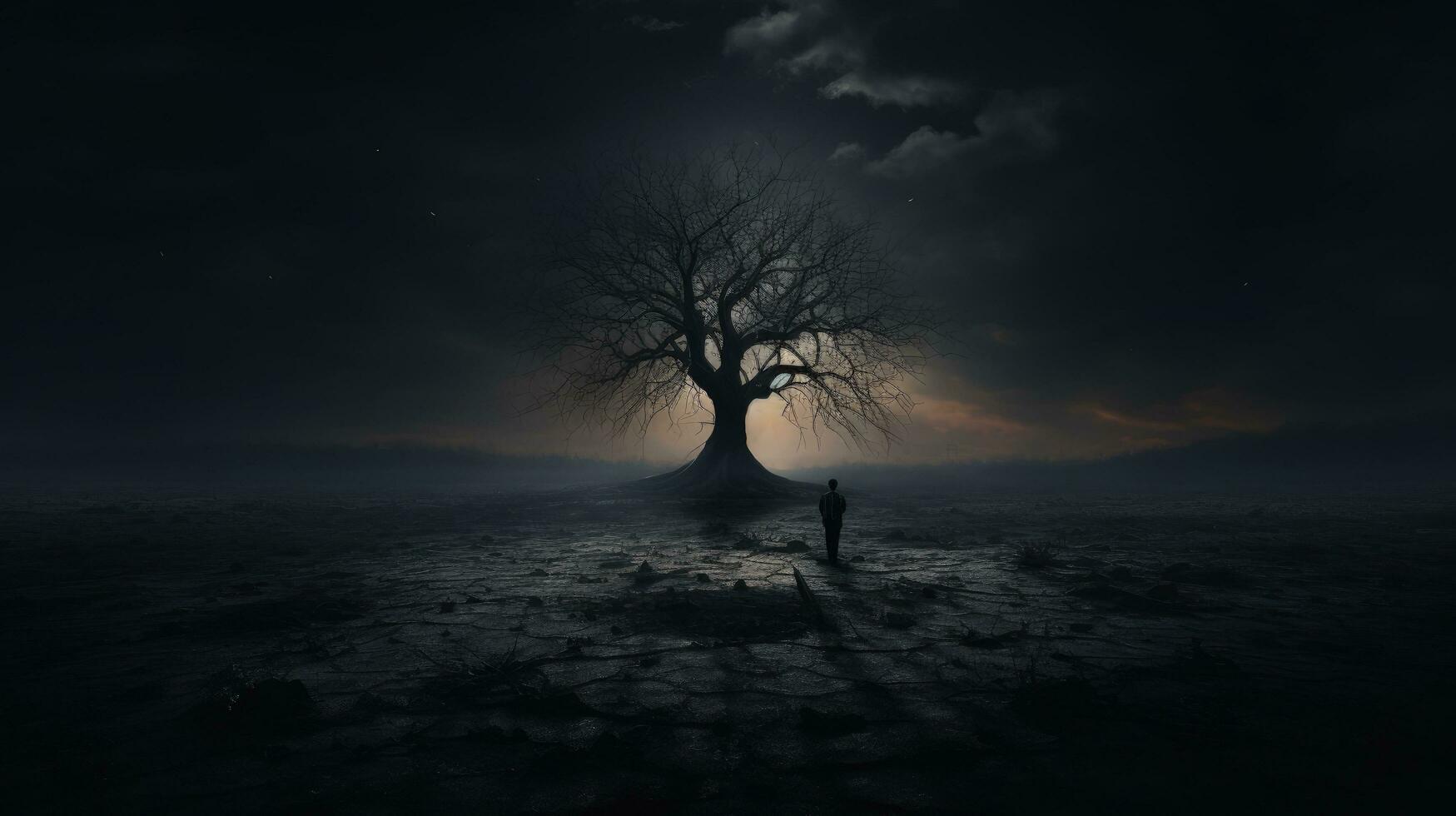 The bare spooky tree stands alone in eerie silence. silhouette concept photo
