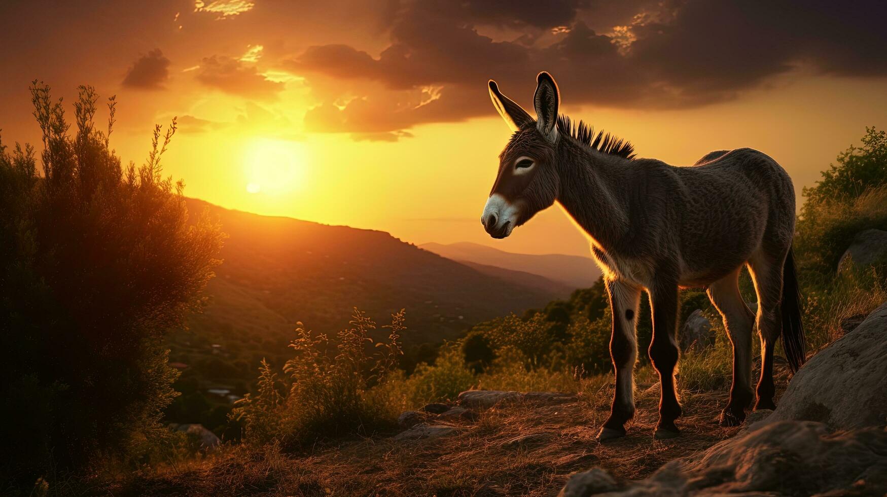 Burro observando puesta de sol en Bulgaria y sus único europeo forma. silueta concepto foto