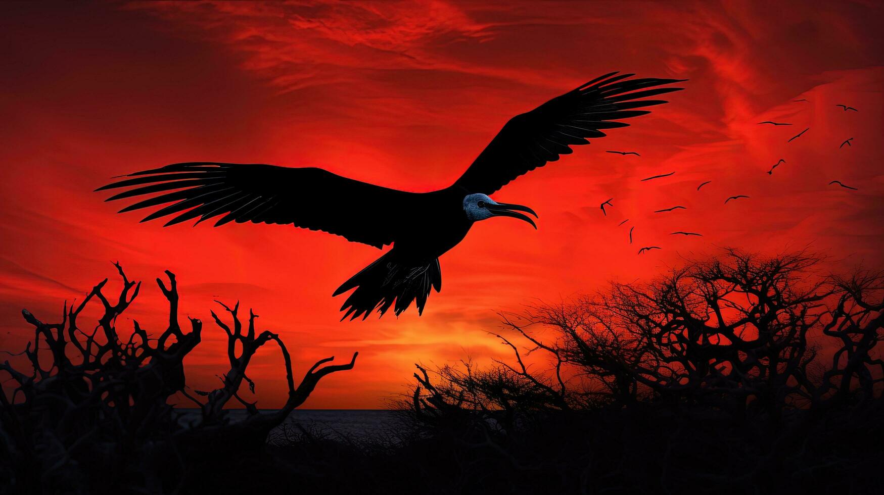 In flight a male frigatebird with a red poach in Ecuador s Galapagos National Park. silhouette concept photo