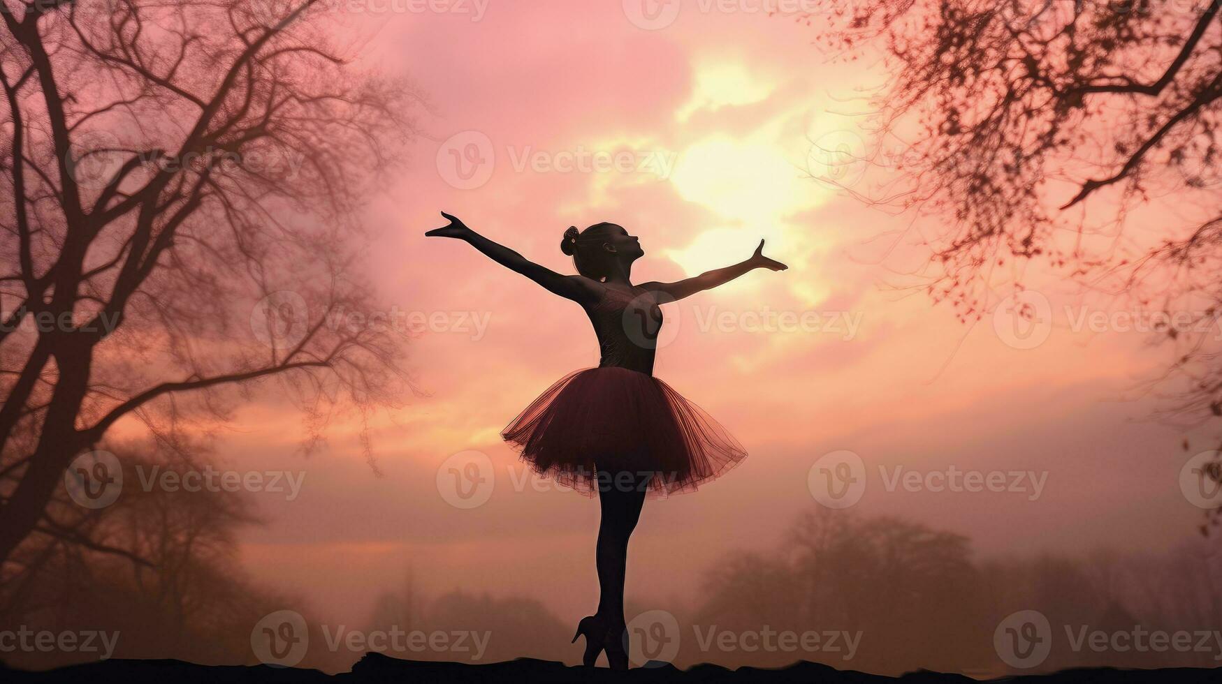 Ballerina dancing on tiptoe outdoors with pink clouds and blurred trees in the background. silhouette concept photo