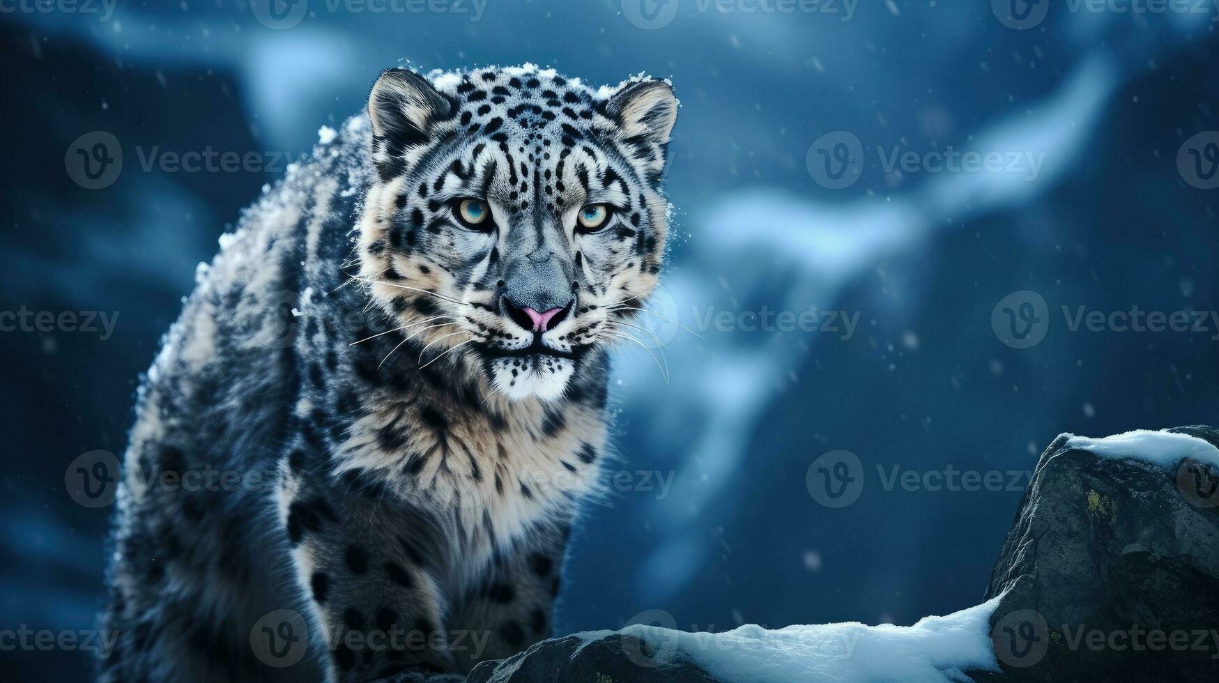 atención en el natural y fauna silvestre de el elusivo nieve leopardo. silueta concepto foto