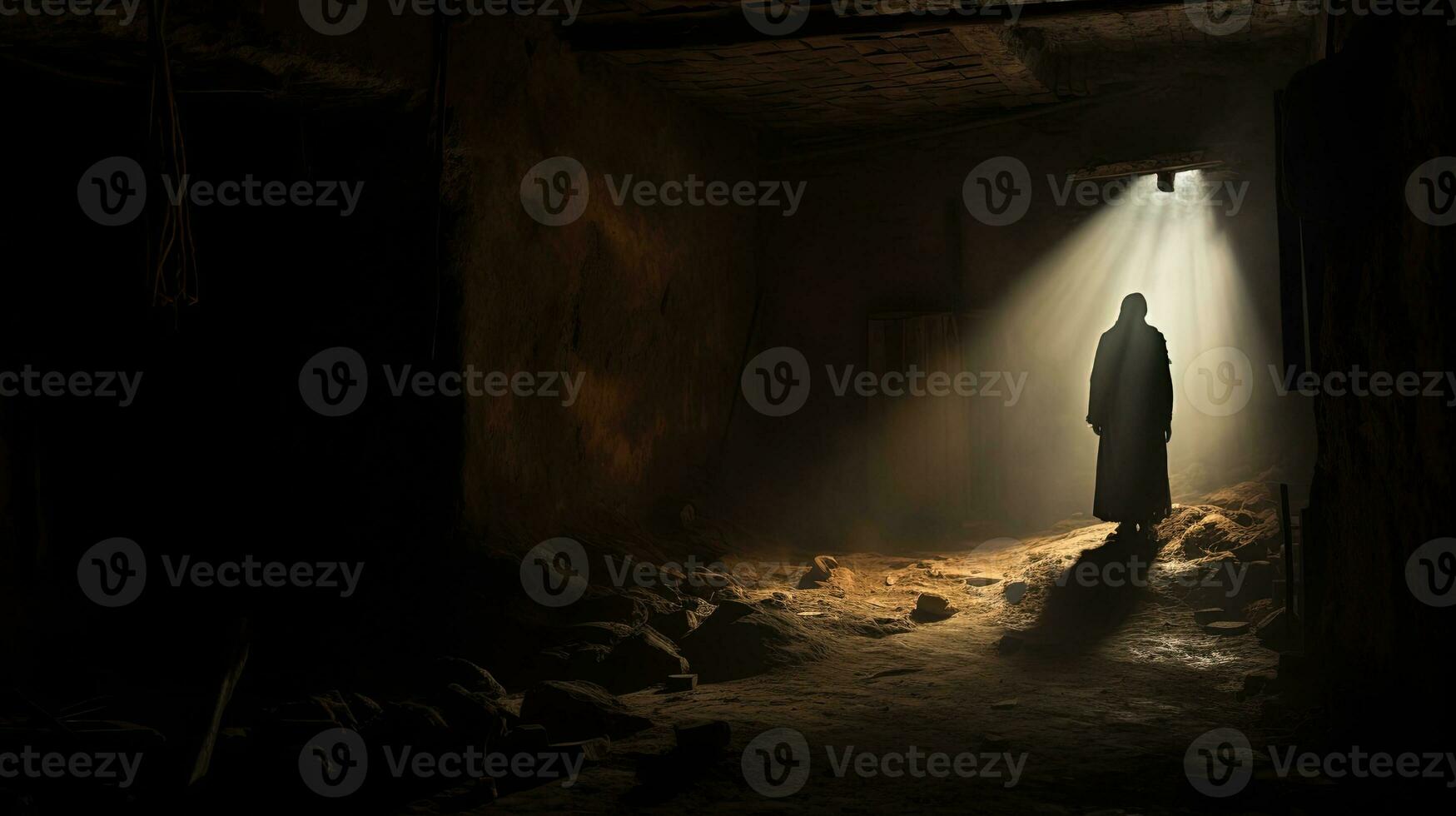 An eerie ghostly figure captured in an aged dusty cellar s photograph. silhouette concept photo