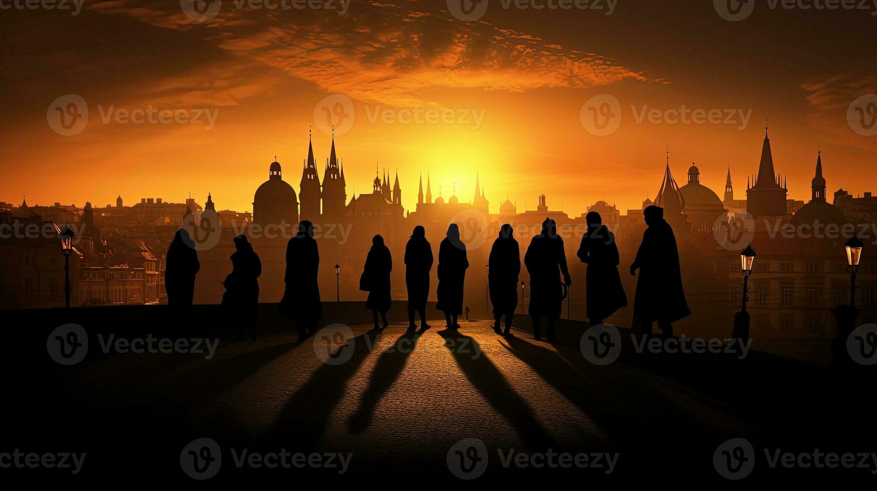 Silhouettes of statues and rooftops of cityscape at Charles Bridge in Prague Czech Republic illuminated by the sunset photo