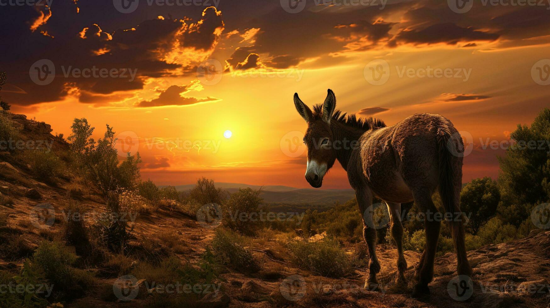 Donkey observing sunset in Bulgaria and its unique European form. silhouette concept photo