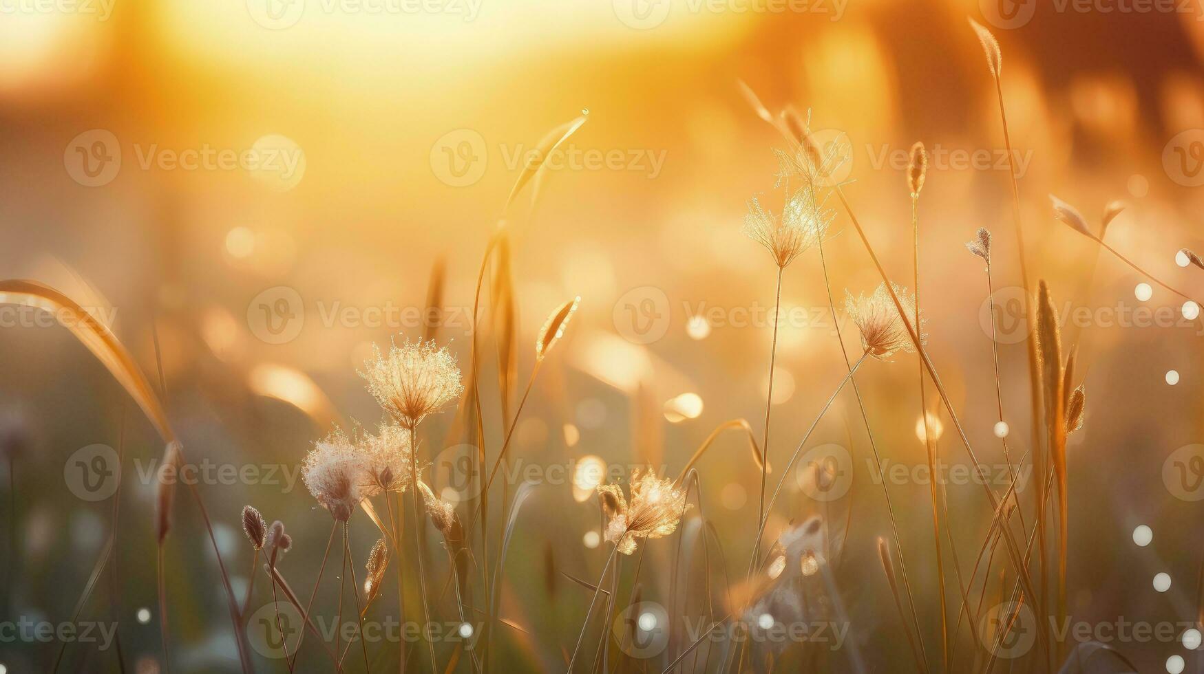 Selective focus on dew covered grass flower in a meadow at sunrise. silhouette concept photo