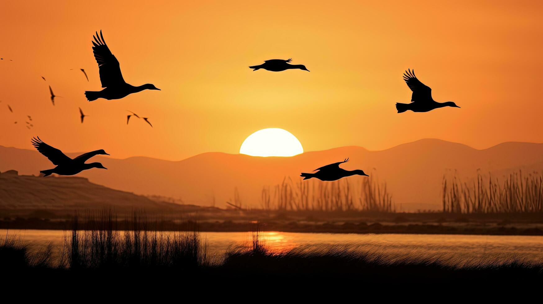 Canadian geese flying over wildlife refuge in California during sunset. silhouette concept photo