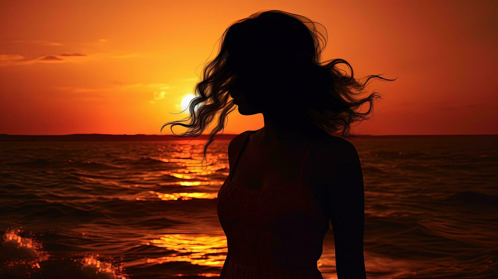 Girl s silhouette against sea and sunset photo