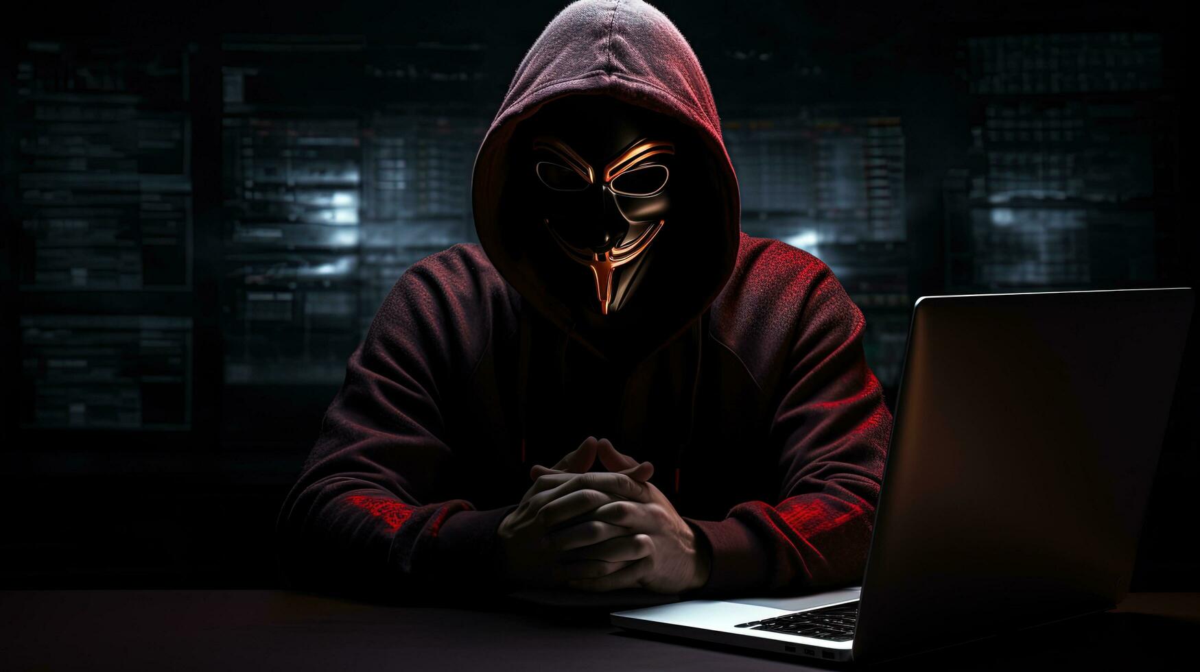 Anonymous dark figure with boxing gloves engaging in cyber crime and malware activities with a focus on internet hacking and system disruption. silhouette concept photo