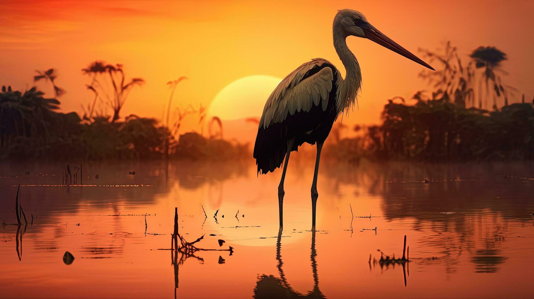 The big stork species found in Asian wetlands south of the Himalayas. silhouette concept photo