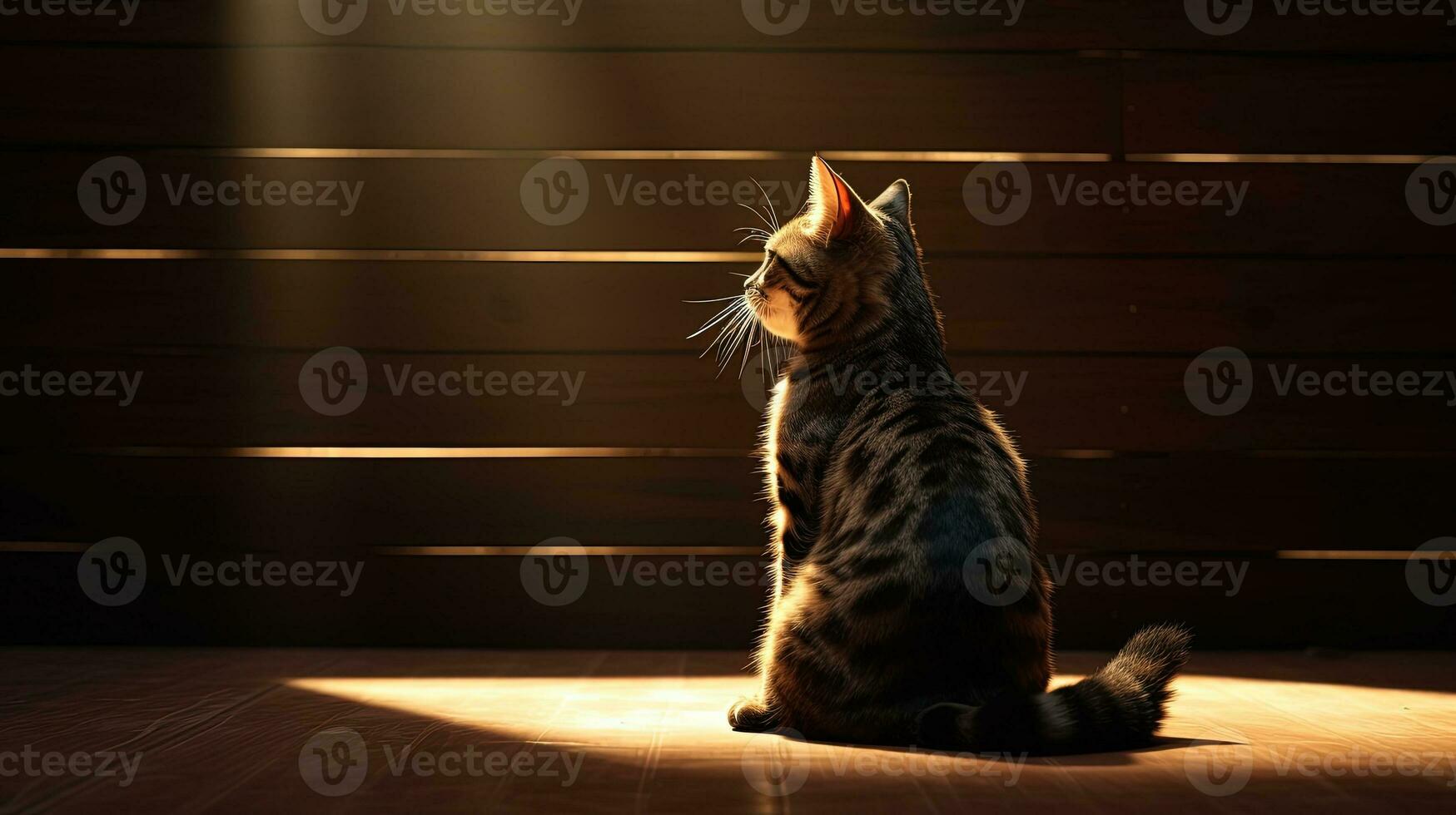 Sunlight from the window highlights the outline of a striped cat. silhouette concept photo