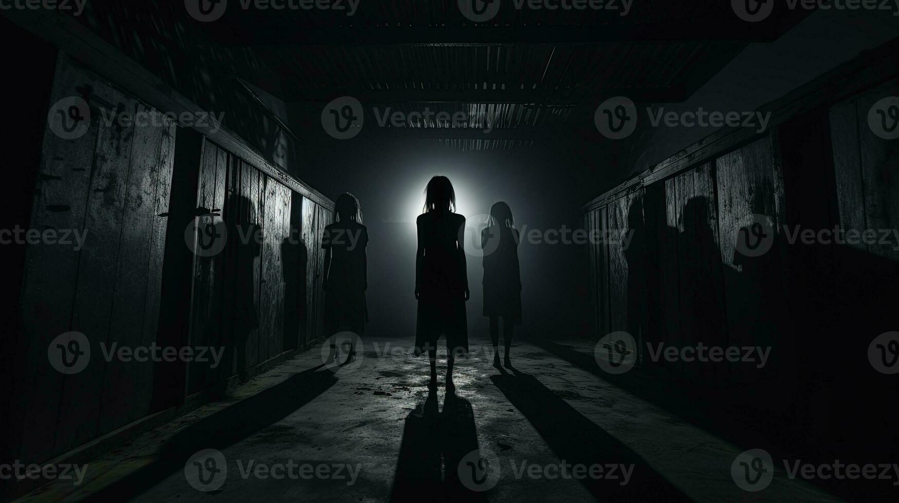 Eerie shadow in deserted building Horror involving deranged figure or dim hallway with cabinets and lights featuring spooky person in various poses. silhouette concept photo
