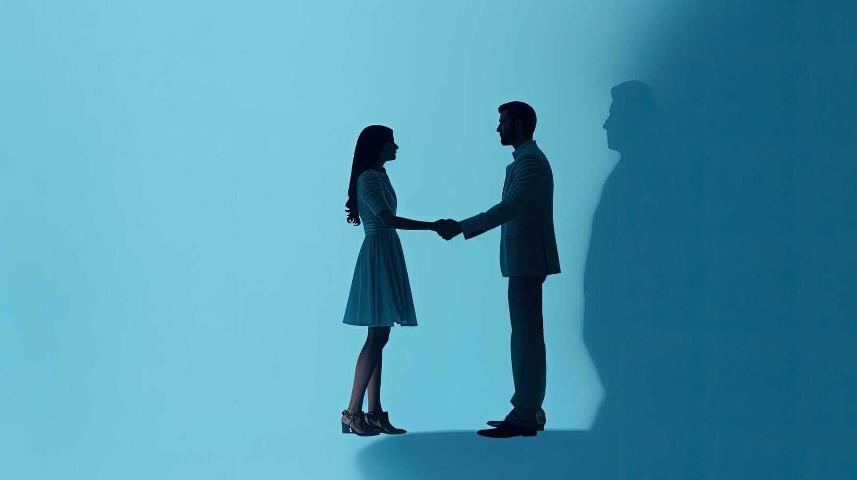 Flat lay of a white paper silhouette of a couple on a blue background with space for text photo