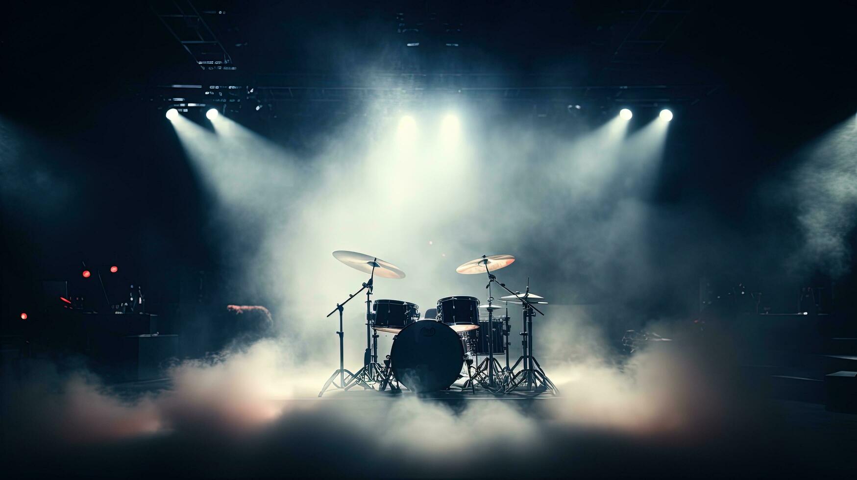 Live drum on stage with spotlights illuminating smoke music and concert background. silhouette concept photo