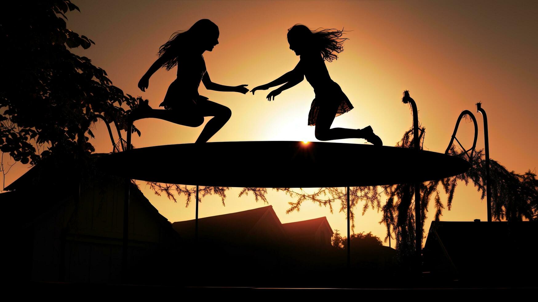 friends doing tricks on a trampoline. silhouette concept photo